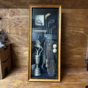 Vintage GOLF Memorabilia Shadow Box Wood Framed Hanging CORNER CURIO CABINET!